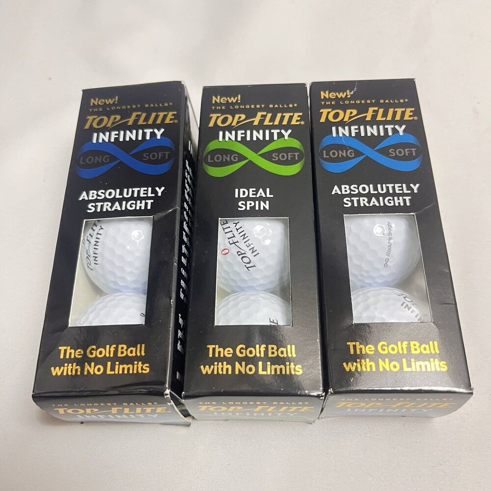 New In Box Top Flite Infinity 3 Packs Golf Balls Absolute Straight & Ideal Spin